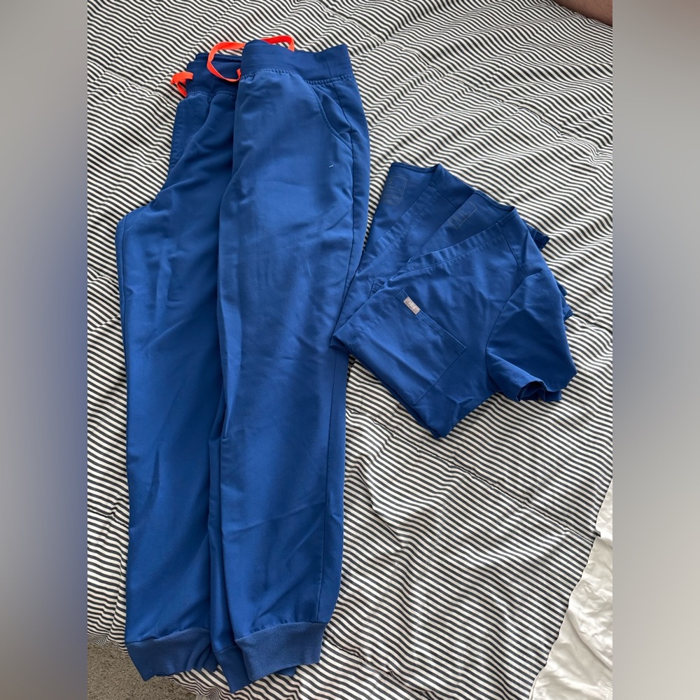 Figs Blue Scrub Set with Red Accents